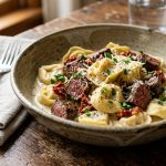 Steak Bites with Cheesy Mozzarella Rigatoni