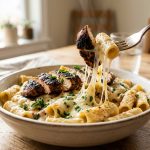 Steak Bites with Cheesy Mozzarella Rigatoni